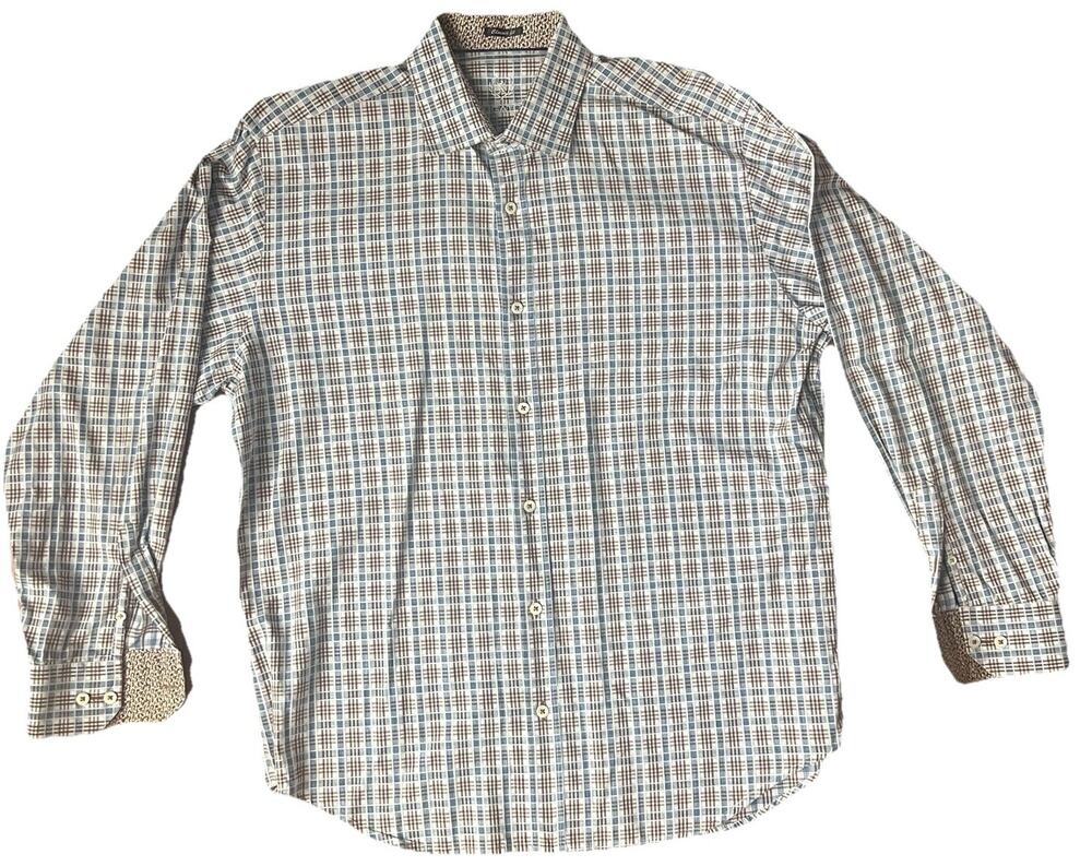 Bugatchi Uomo Classic Fit Plaid Shirt Large 100% Cotton AS328-3834 Made In USA